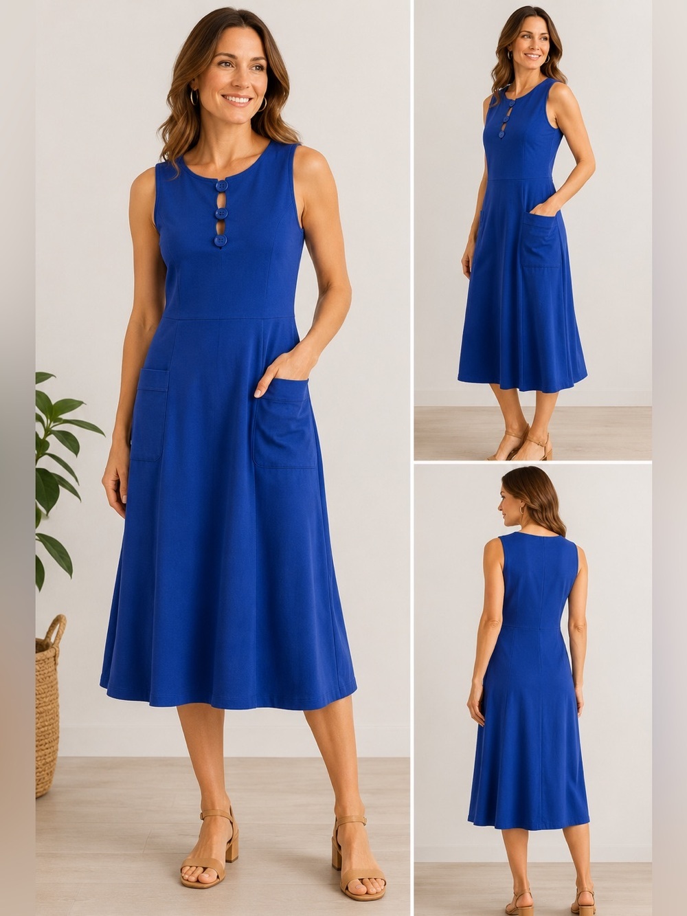 Dolcezza Royal Blue Cotton Stretch Midi Dress Pockets Size Medium